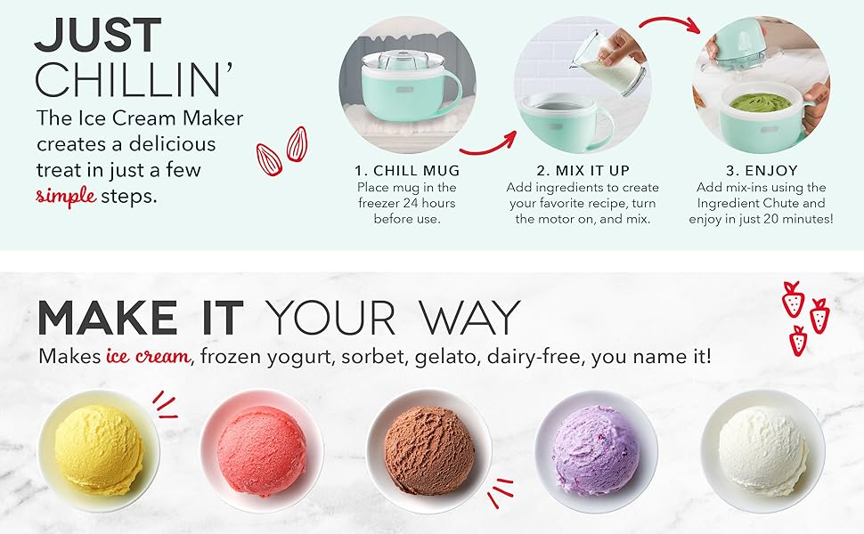 My Mug Ice Cream Maker 2 Pack Bundle | Electric Countertop Soft Serve Ice Cream Machine, 2 Single Serve Half-Pint Freezer Mugs with Ingredient Chute & Recipe Guide, Compact, Aqua