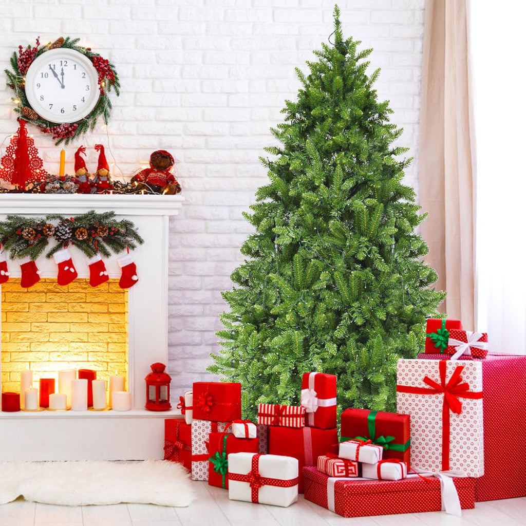 Gymax Clear Prelit LED Green Hinged Fir Christmas Tree, with Flash Modes Patio 6'
