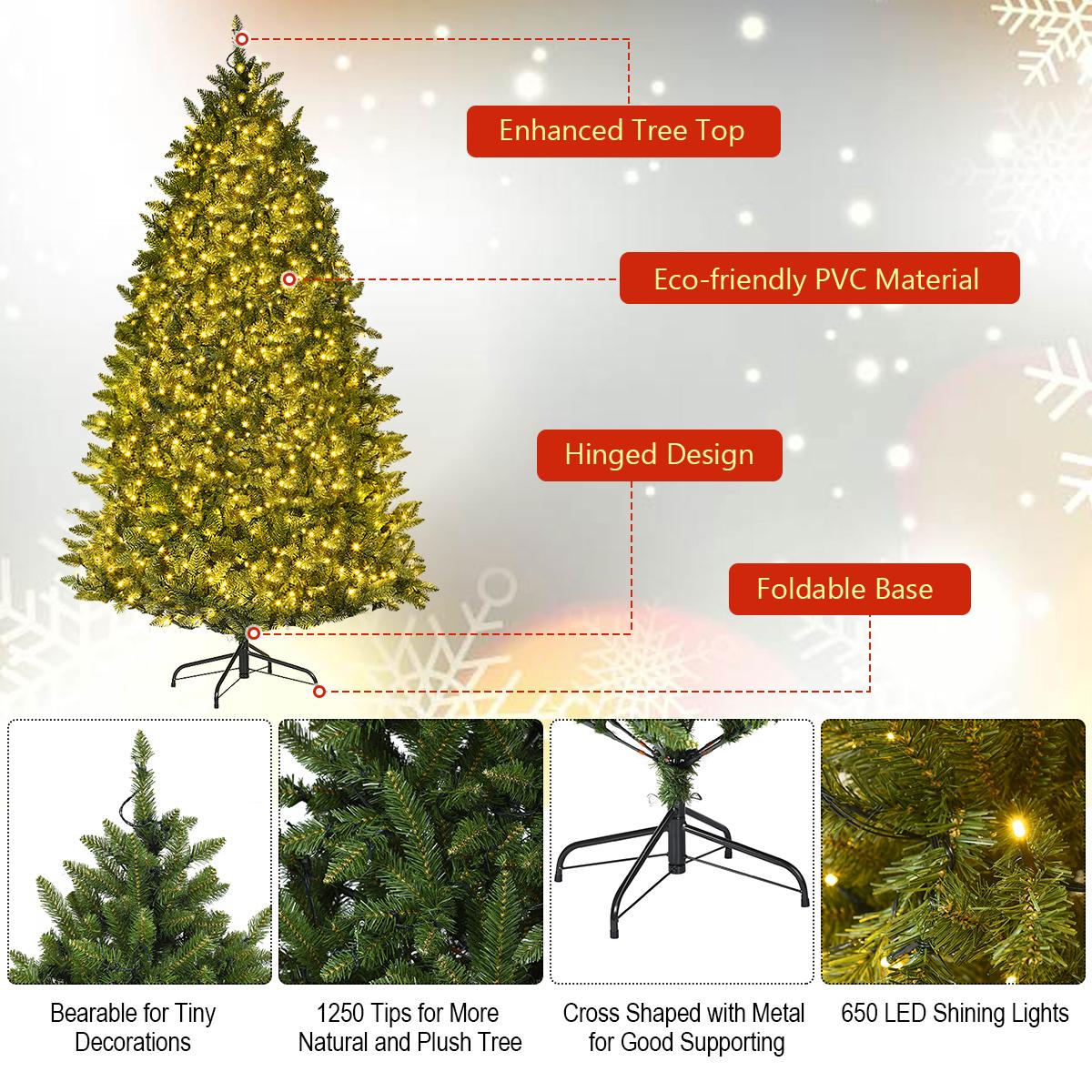 Gymax Clear Prelit LED Green Hinged Fir Christmas Tree, with Flash Modes Patio 6'