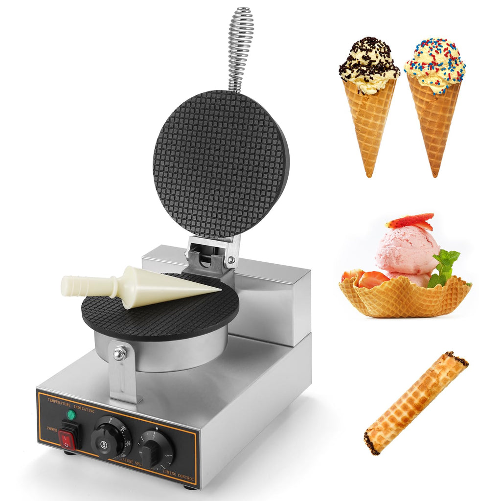 Commercial Waffle Cone Maker Machine, 110V 1200W  Steel Electric Ice Cream Cone Waffle Maker Machine with 8.3” Non-stick BaTray, Temperature & Time Control for Restaurant