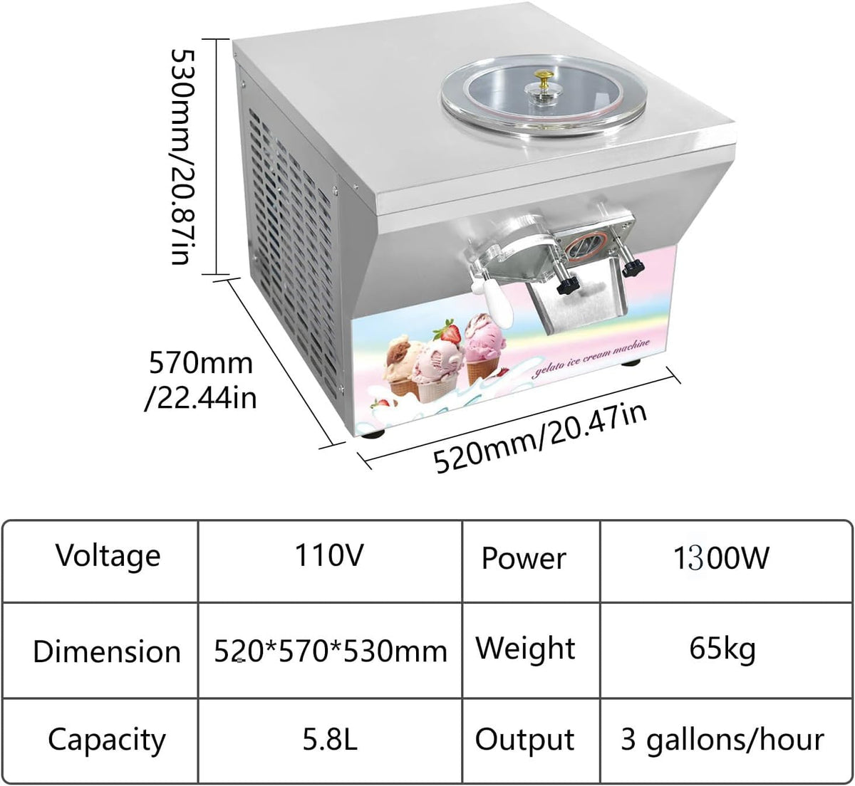 Commercial Hard Ice Cream Machine 3 Gal/Hour Italian Gelato & Turkish Ice Cream Maker for Coffee Shops, Cafes, Bakeries & Food Trucks