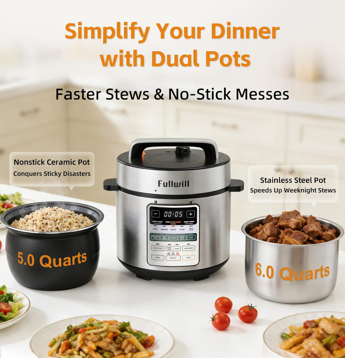 Dual-Pot Electric Pressure Cooker,12-in-1 Multi Cooker with 6QT  Steel & 5QT Ceramic Pot,Olla de Presion for Pressure,Rice,Meat Stew,Yogurt Maker