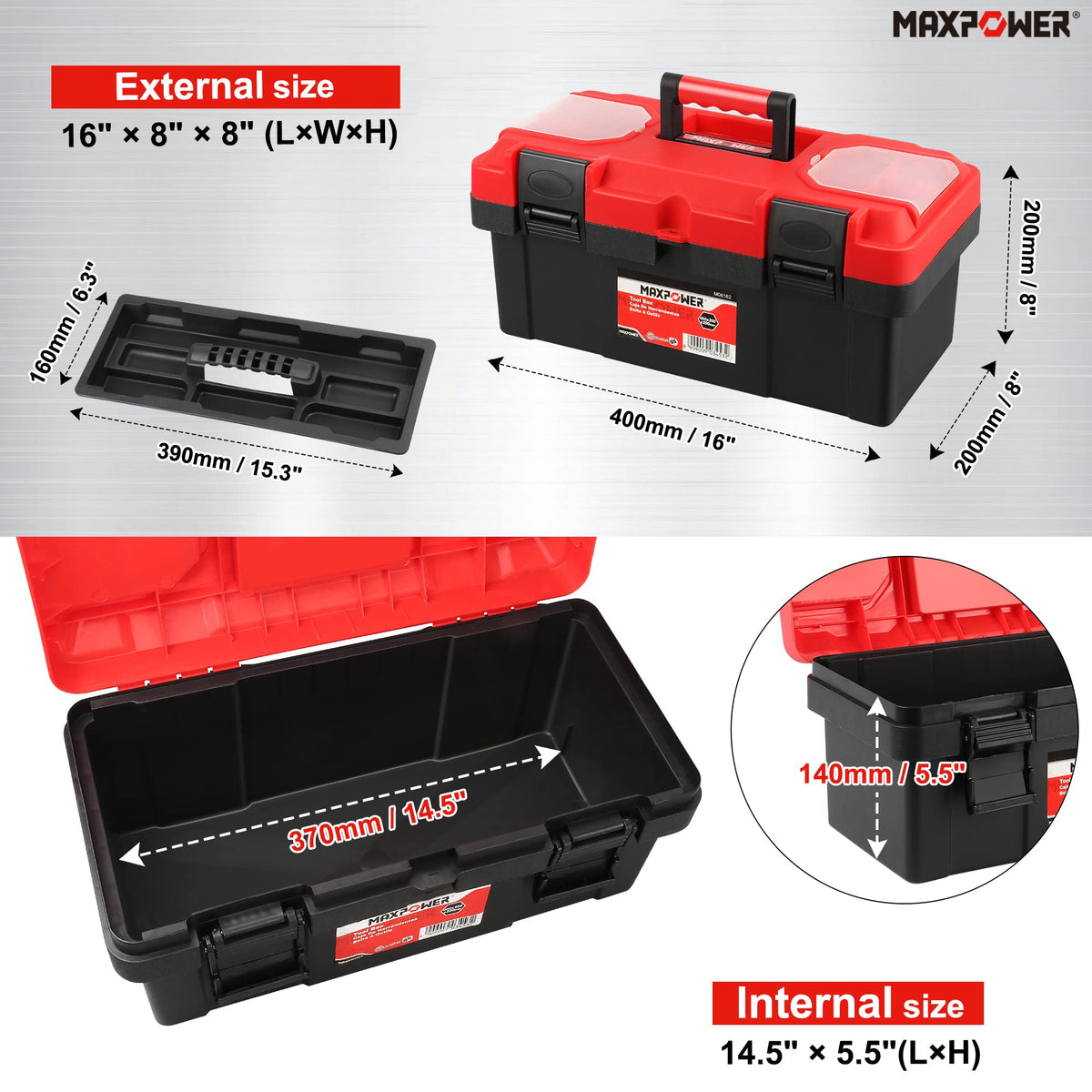 Tool Box 16 inch, Plastic Small Tool Box with Latch and Removable Tray, Lockable Toolbox for Home