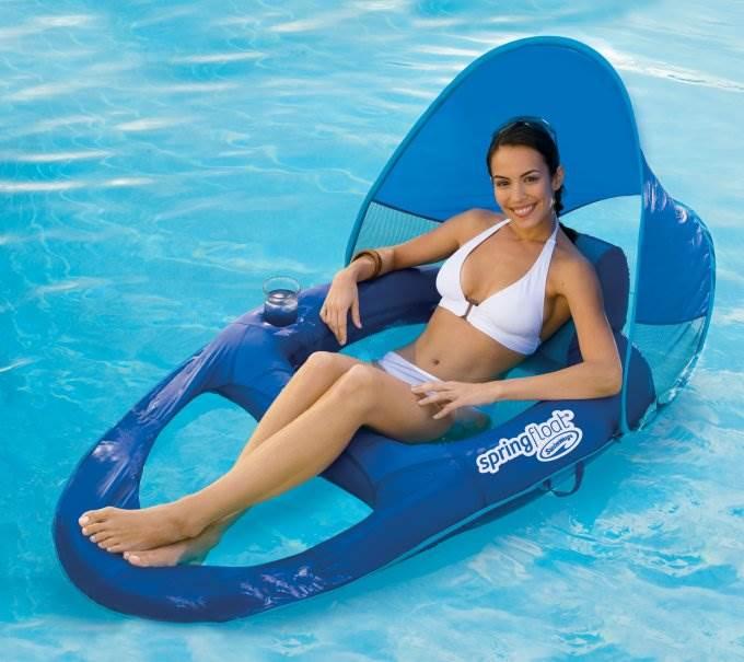 SwimWays Spring Float Recliner Pool Lounge Chair w/ Sun Canopy, Blue (4 Pack)