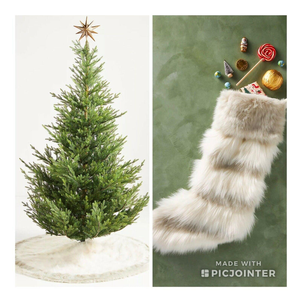 2 ANTHROPOLOGIE JOSIE FAUX FUR CHRISTMAS TREE SKIRT &amp; LARSTOCSET IVORY