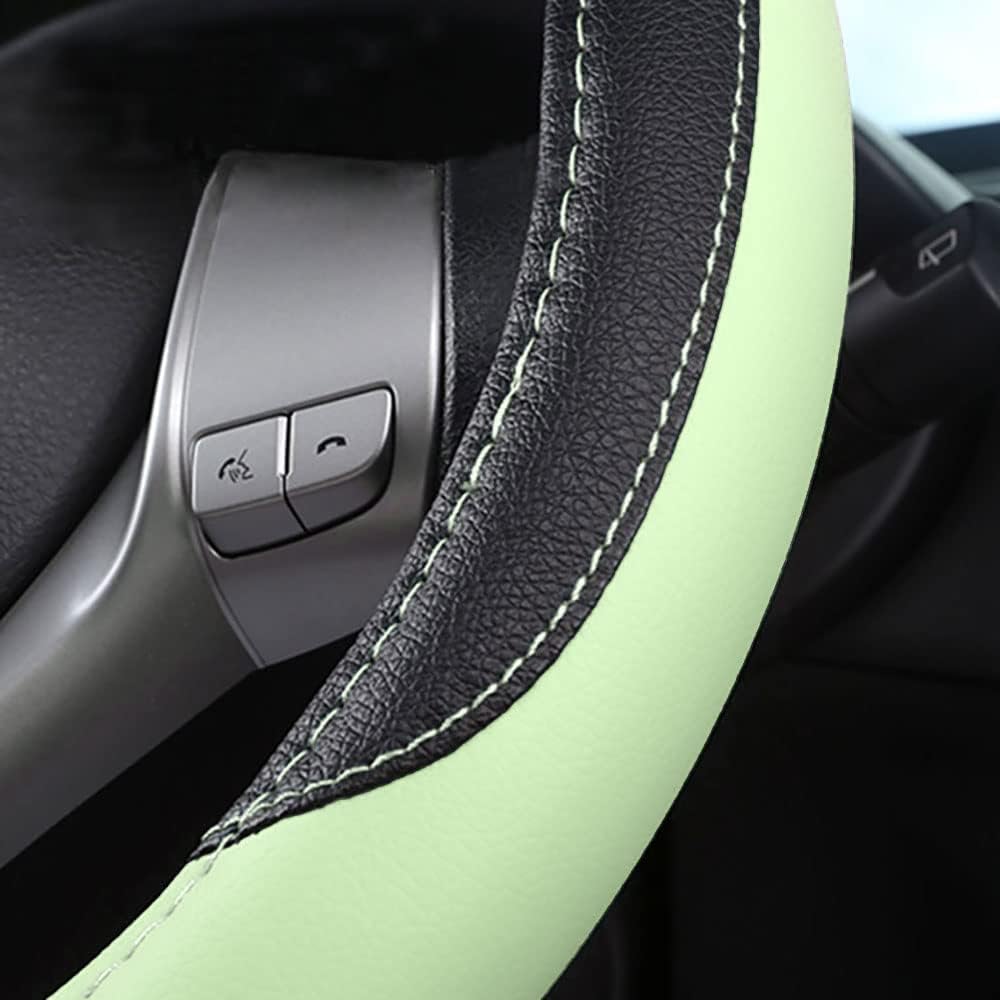 Leather Car Steering Wheel Cover, Non-Slip Car Wheel Cover Protector Breathable Microfiber Leather Universal Fit for Most Cars (Green)