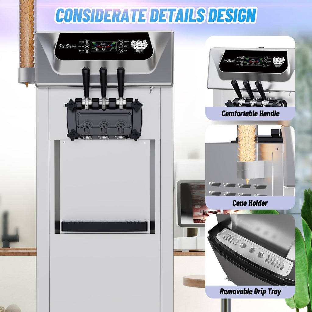 Commercial 2+1 Flavor Soft Ice Cream Machine, 5.8 to 8 gal Per Hour Soft Serve, 2200W  Steel Vertical Ice Cream Maker with Self-Cleaning, High Productivity, Perfect for Home and Snack Bar