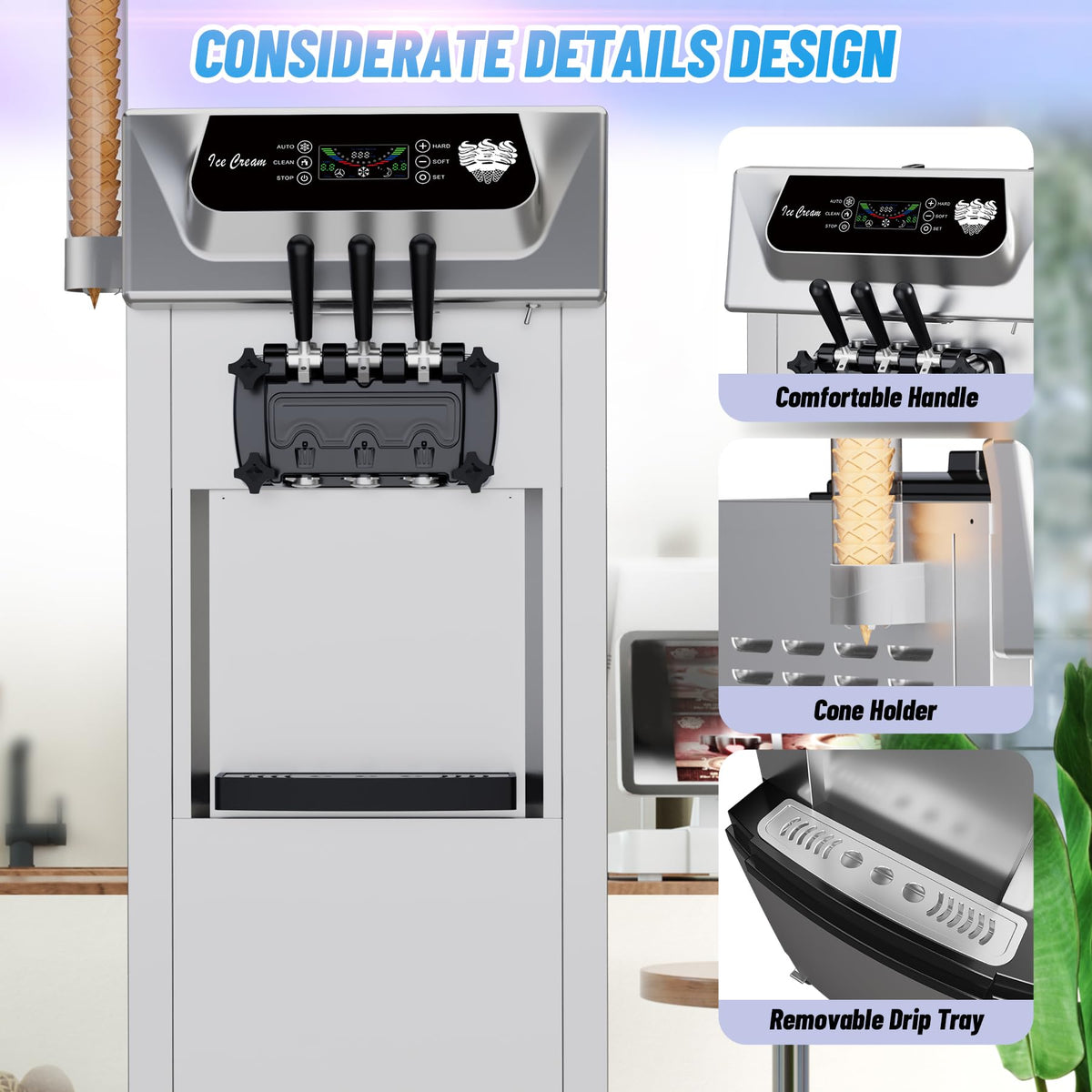 Commercial 2+1 Flavor Soft Ice Cream Machine, 5.8 to 8 gal Per Hour Soft Serve, 2200W  Steel Vertical Ice Cream Maker with Self-Cleaning, High Productivity, Perfect for Home and Snack Bar