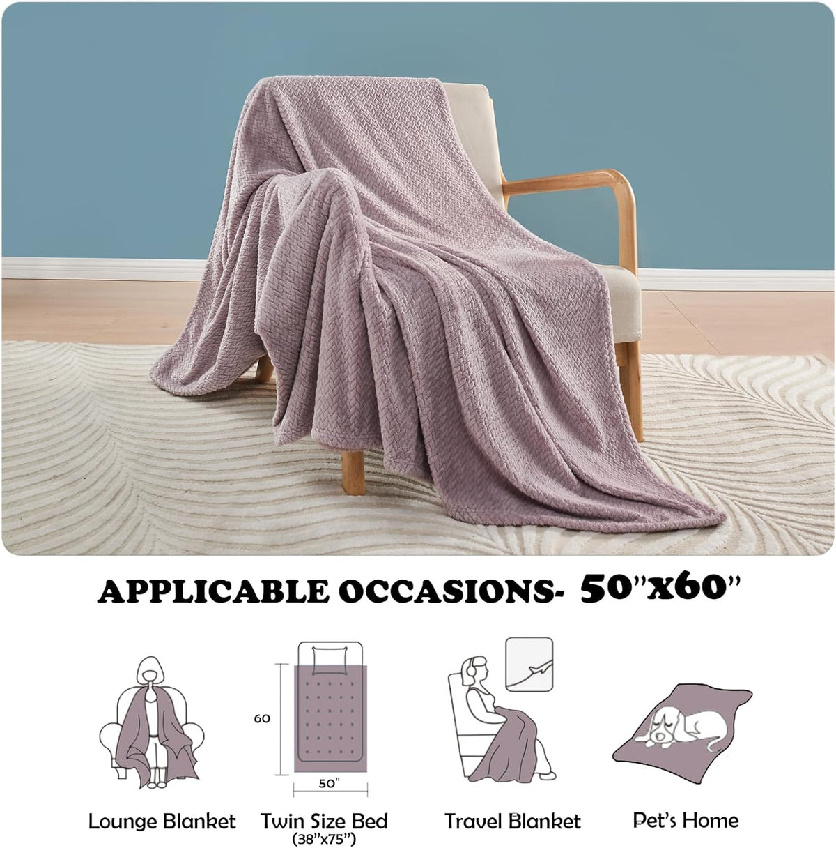 NEWCOSPLAY Super Soft Throw Blanket Light Purple Premium Silky Flannel Fleece Leaves Pattern Lightweight Bed Blanket All Season Use (Light Purple, Throw(50"x60"))