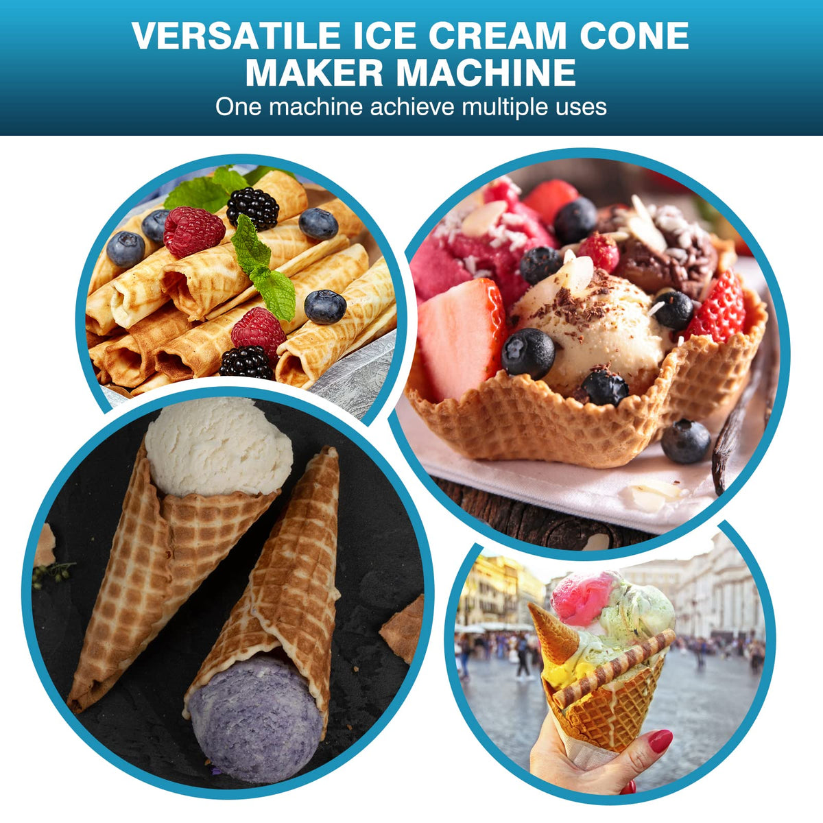 Commercial Waffle Cone Maker Machine, 110V 1200W  Steel Electric Ice Cream Cone Waffle Maker Machine with 8.3” Non-stick BaTray, Temperature & Time Control for Restaurant