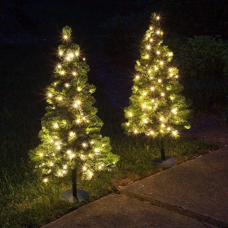 2 Pack - 3 ft. Tall White LED Lighted Pathway Christmas Trees - Battery Powered