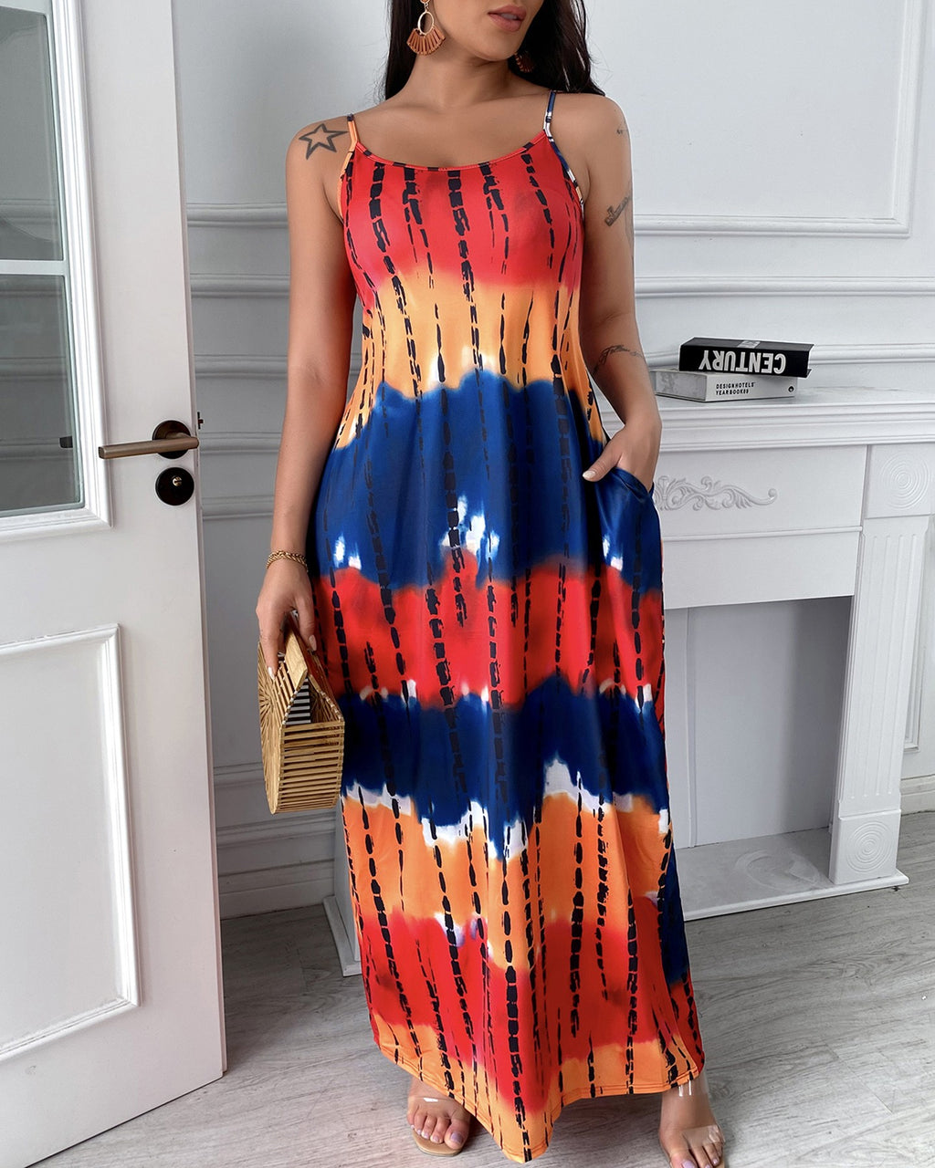 Tie Dye Printed Long Maxi Dress Spaghetti Strap Summer Casual  Beach Party Dress