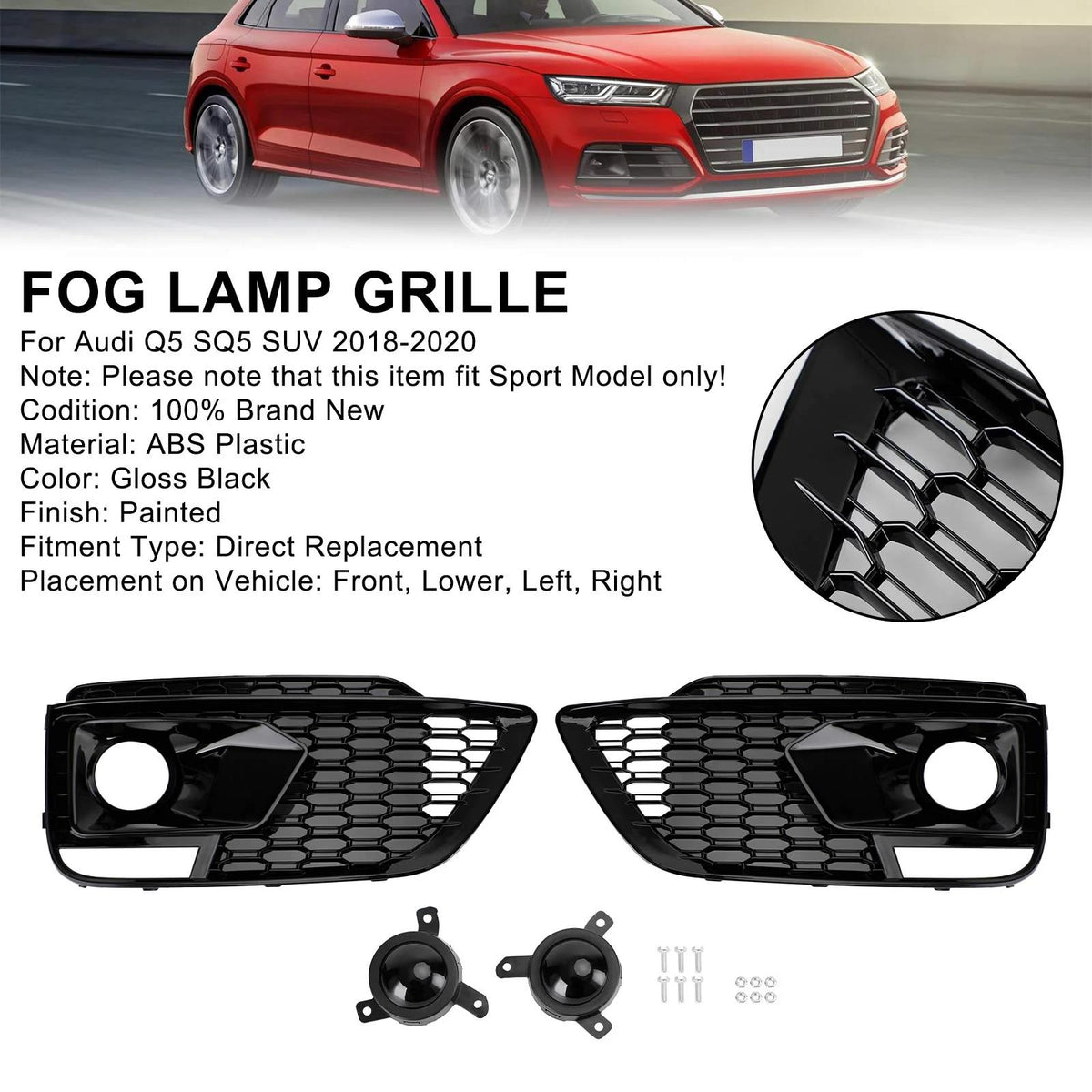 2018-20 RSQ5 Audi Q5 SQ5 SUV Black Front Honeycomb Fog Lamp Grilles Cover Generic
