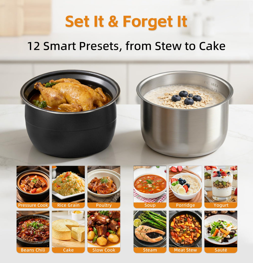 Dual-Pot Electric Pressure Cooker,12-in-1 Multi Cooker with 6QT  Steel & 5QT Ceramic Pot,Olla de Presion for Pressure,Rice,Meat Stew,Yogurt Maker