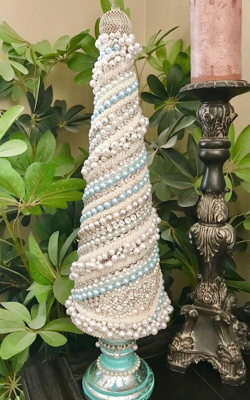 JEWELED RHINESTONES PEARLS SHABBY CHIC CHRISTMAS TREE CENTERPIECE DECOR