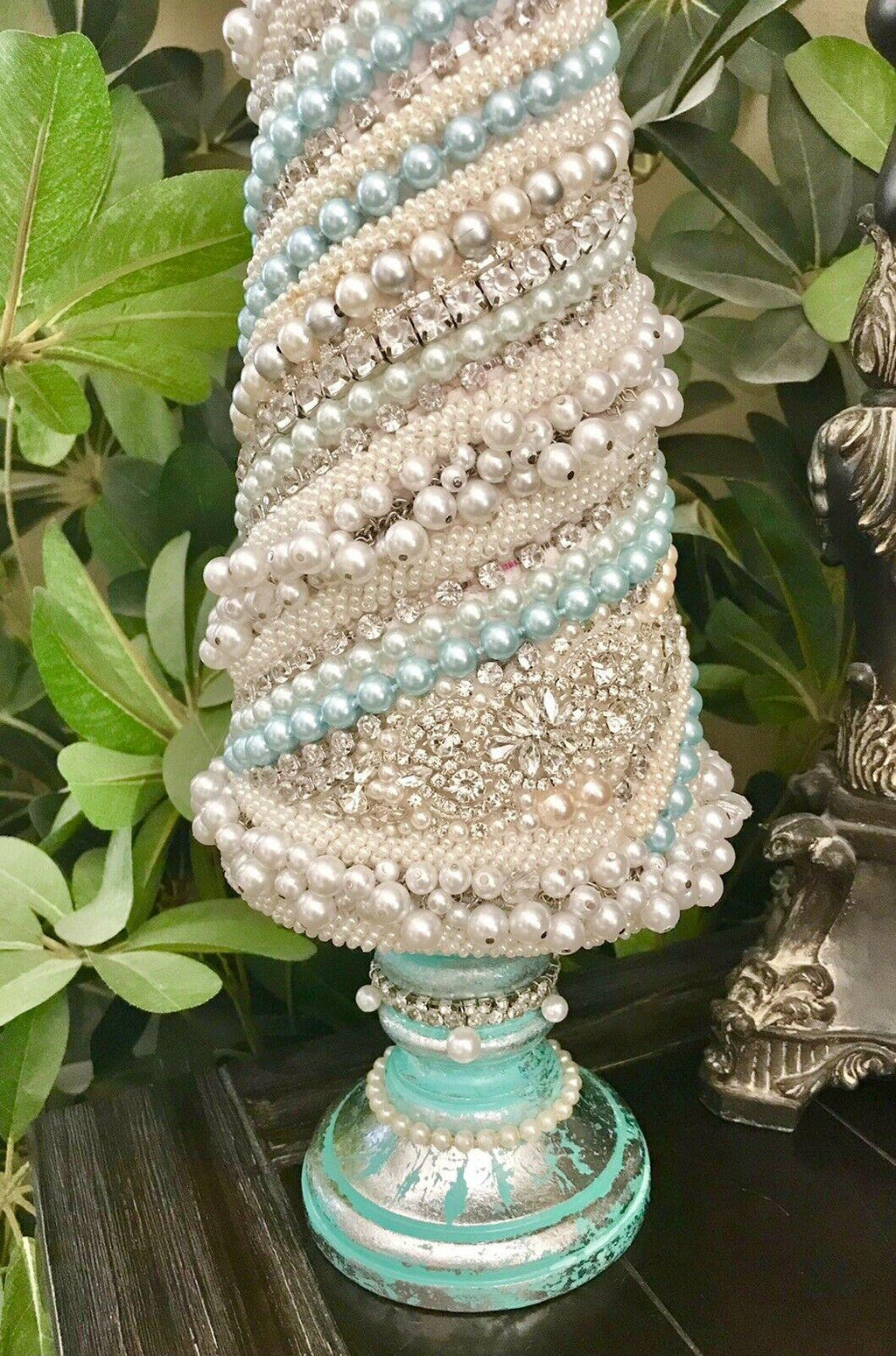 JEWELED RHINESTONES PEARLS SHABBY CHIC CHRISTMAS TREE CENTERPIECE DECOR