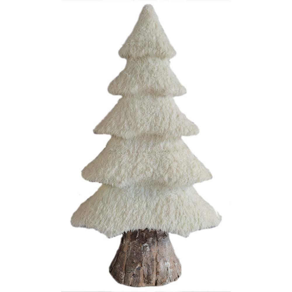 44 in. Christmas White Plush Tree with Faux-Bark Trunk