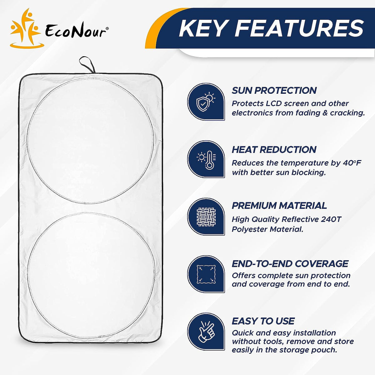 EcoNour Car Shade Front Windshield | Windshield Dash Protector for Maximum UV Rays and Sun Heat Protection | Sun Visor Car Interior Accessory for Cooler Interior | Medium Plus (64 x 34 inches)