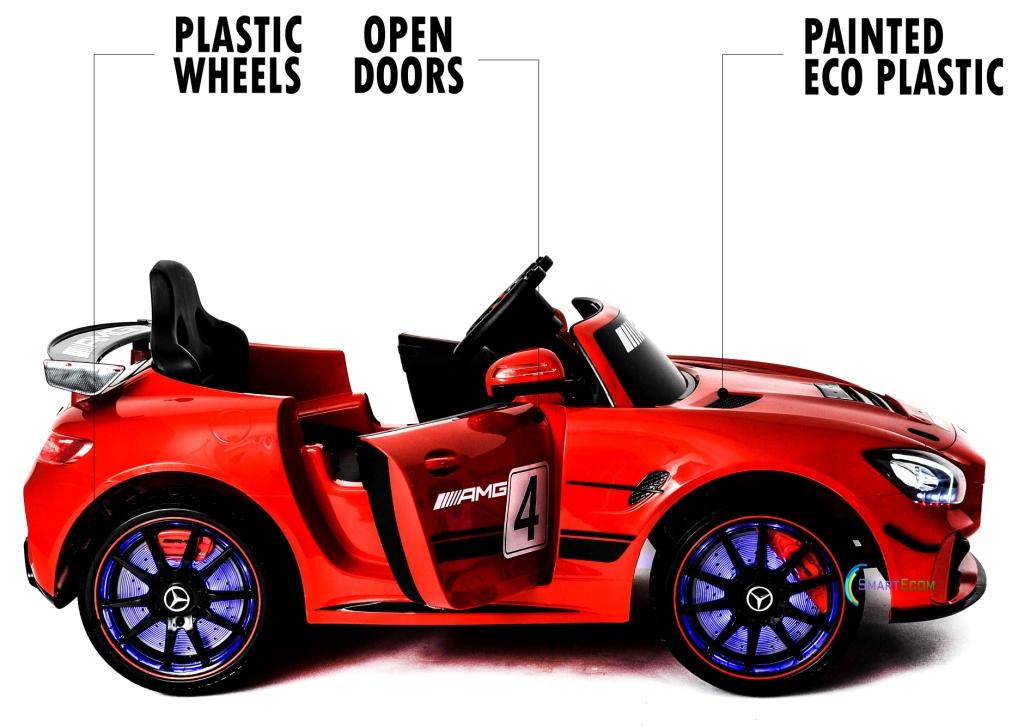 12V Mercedes GT4 Sport Ride on power electric car For Kids with Remote Control LED lights Opening doors MP3 - Red