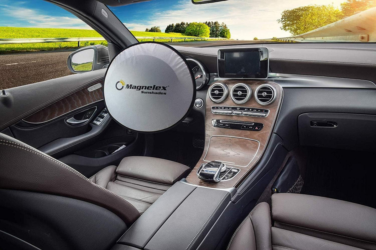 Magnelex Windshield Sunshade with Bonus Steering Wheel Sun Shade. Reflective Polyester Blocks Heat and Sun. Foldable Sun Shield Keeps Your Vehicle Cool (Medium 59 x 31 in)