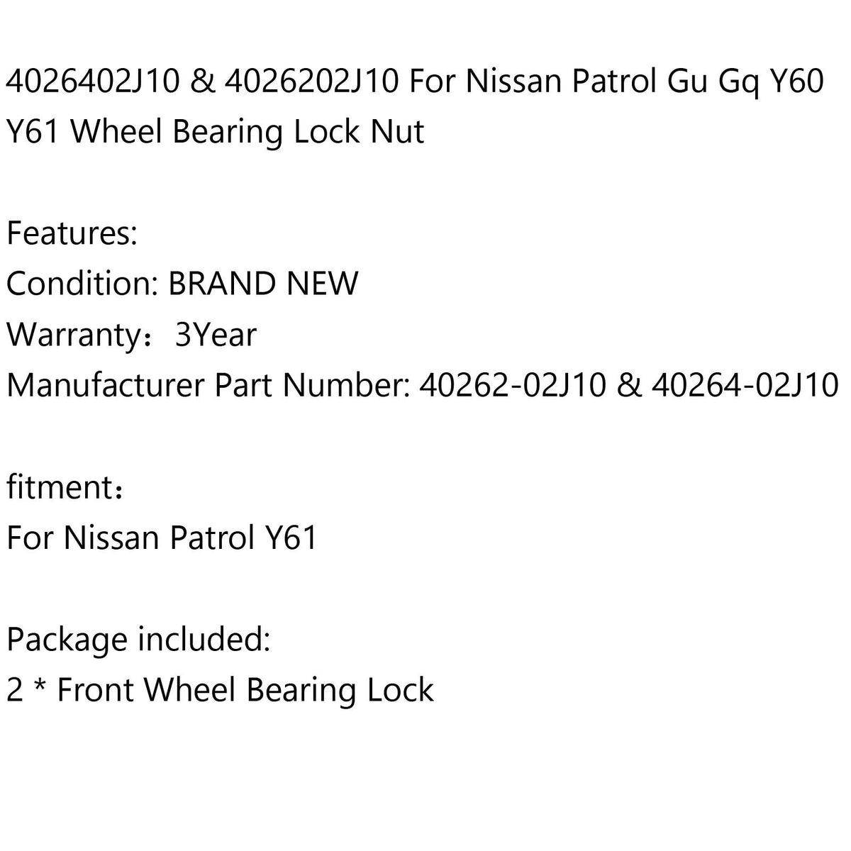 4026402J10 & 4026202J10 For Nissan Patrol Gu Gq Y60 Y61 Wheel Bearing Lock Nut Generic