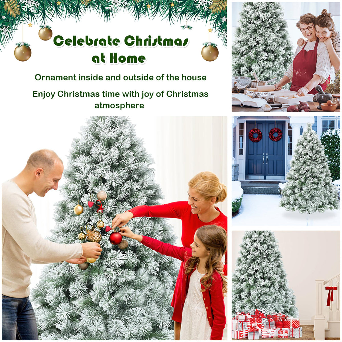 Costway 6 ft Premium Hinged Artificial Christmas Tree Snowy Pine Needles with 586 Branches