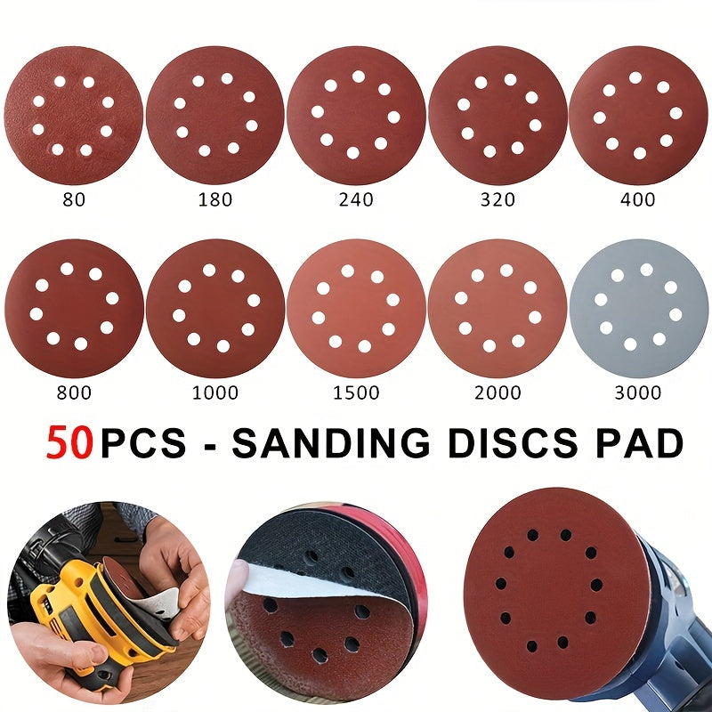 50pcs 12.5cm/4.92in Sandpaper Round Sanding Discs - 8 Hole Hook & Loop Sander Polishing Pad for Buffing & Sanding