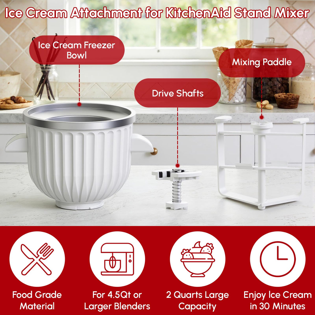 Ice Cream Maker Attachment for  Stand Mixer | 2 Quart Ice Cream Bowl, Fits for  4.5 Qt & Larger Models - Homemade Ice Cream, Gelato & Sorbet, Ice Cream Machine by