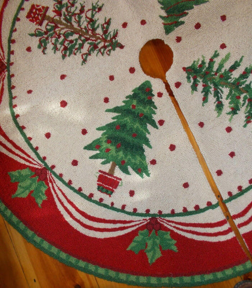 "NEW" Lar~Needlepoint~Wool ~CHRISTMAS TREE SKIRT~Trees.Holly~Red/Green/Cream