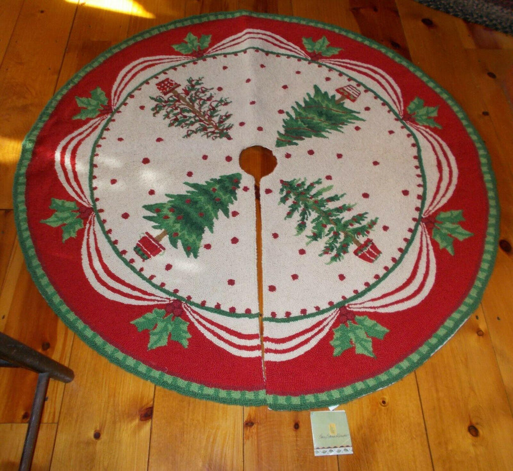 "NEW" Lar~Needlepoint~Wool ~CHRISTMAS TREE SKIRT~Trees.Holly~Red/Green/Cream