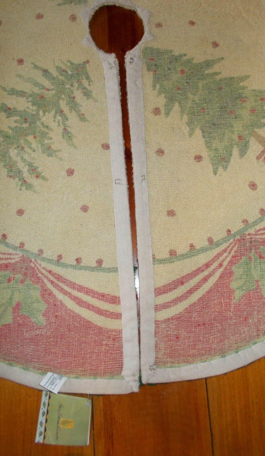 "NEW" Lar~Needlepoint~Wool ~CHRISTMAS TREE SKIRT~Trees.Holly~Red/Green/Cream