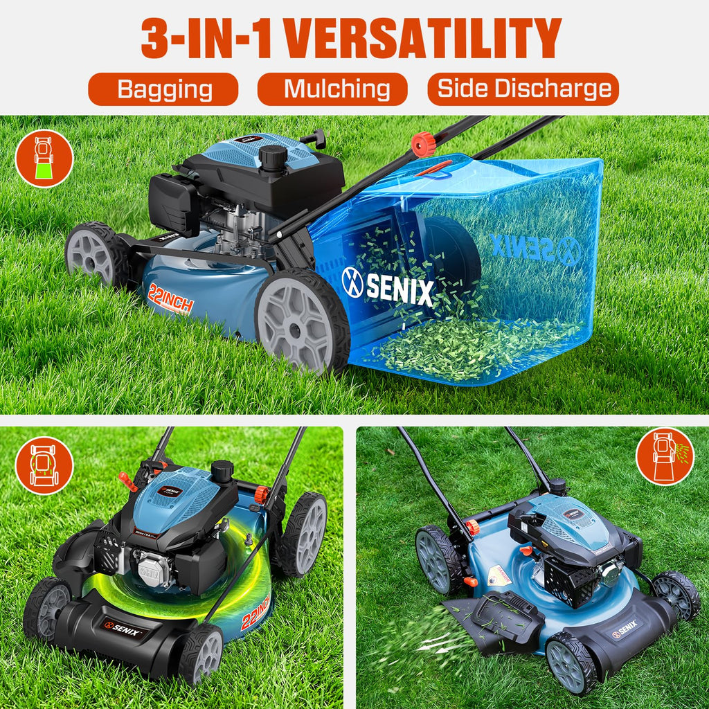 22 Inch 3-in-1 Gas Lawn Mower, 201cc Rear Wheel Single Speed Self-Propelled Mower, 4-Cycle Engine, Steel Deck, Mulching, Bagging, Discharging, 6-Position Cutting Height Adjustable, for Yard