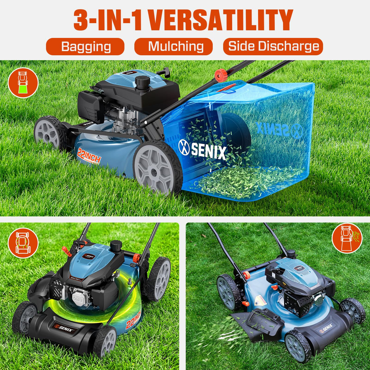 22 Inch 3-in-1 Gas Lawn Mower, 201cc Rear Wheel Single Speed Self-Propelled Mower, 4-Cycle Engine, Steel Deck, Mulching, Bagging, Discharging, 6-Position Cutting Height Adjustable, for Yard