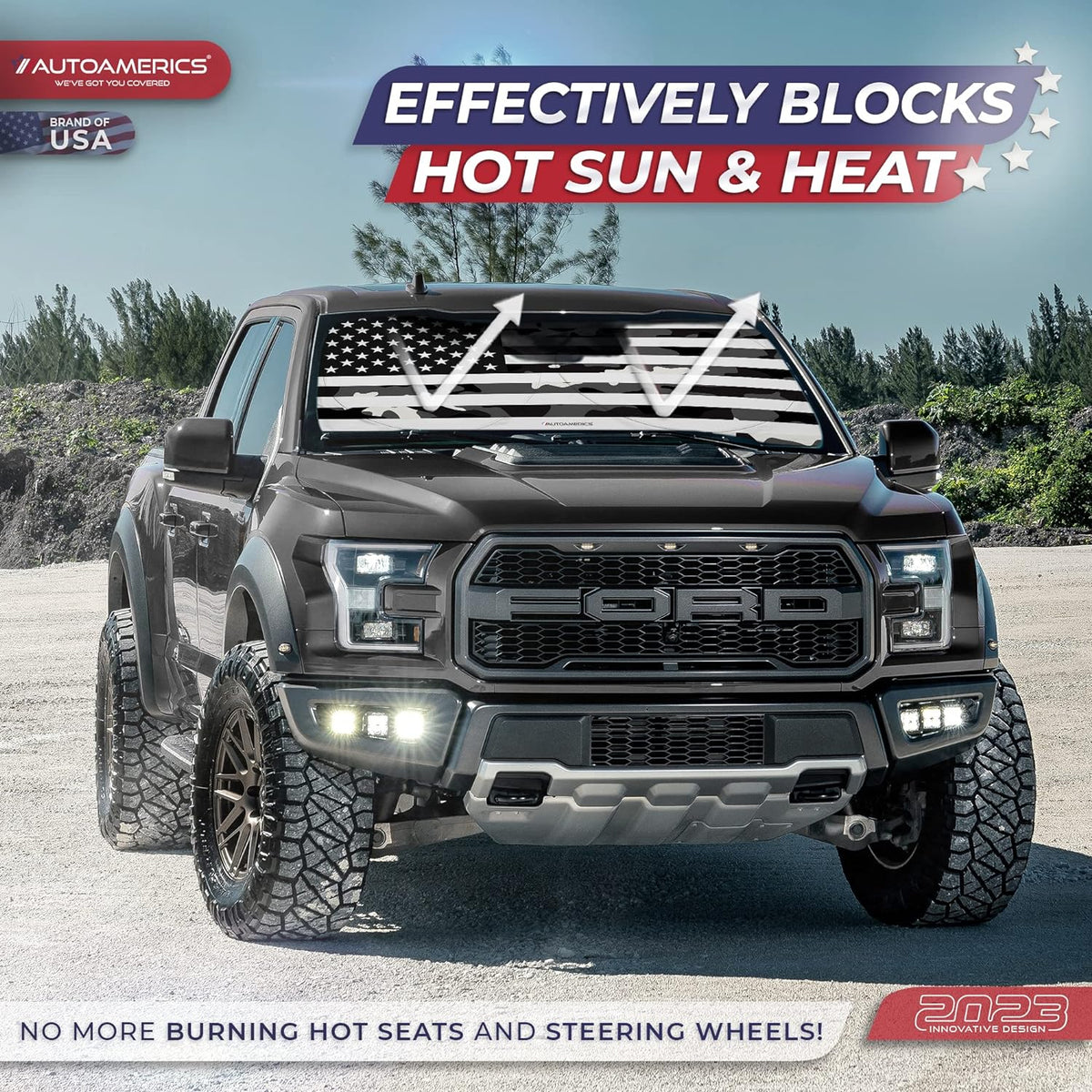 Autoamerics 1-Piece Windshield Sun Shade B&amp;W Camo American Flag USA  - Foldable Car Front Window Sunshade for Most Sedans SUV Truck - Blocks Max UV Rays and Keeps Your Vehicle Cool - X-Large