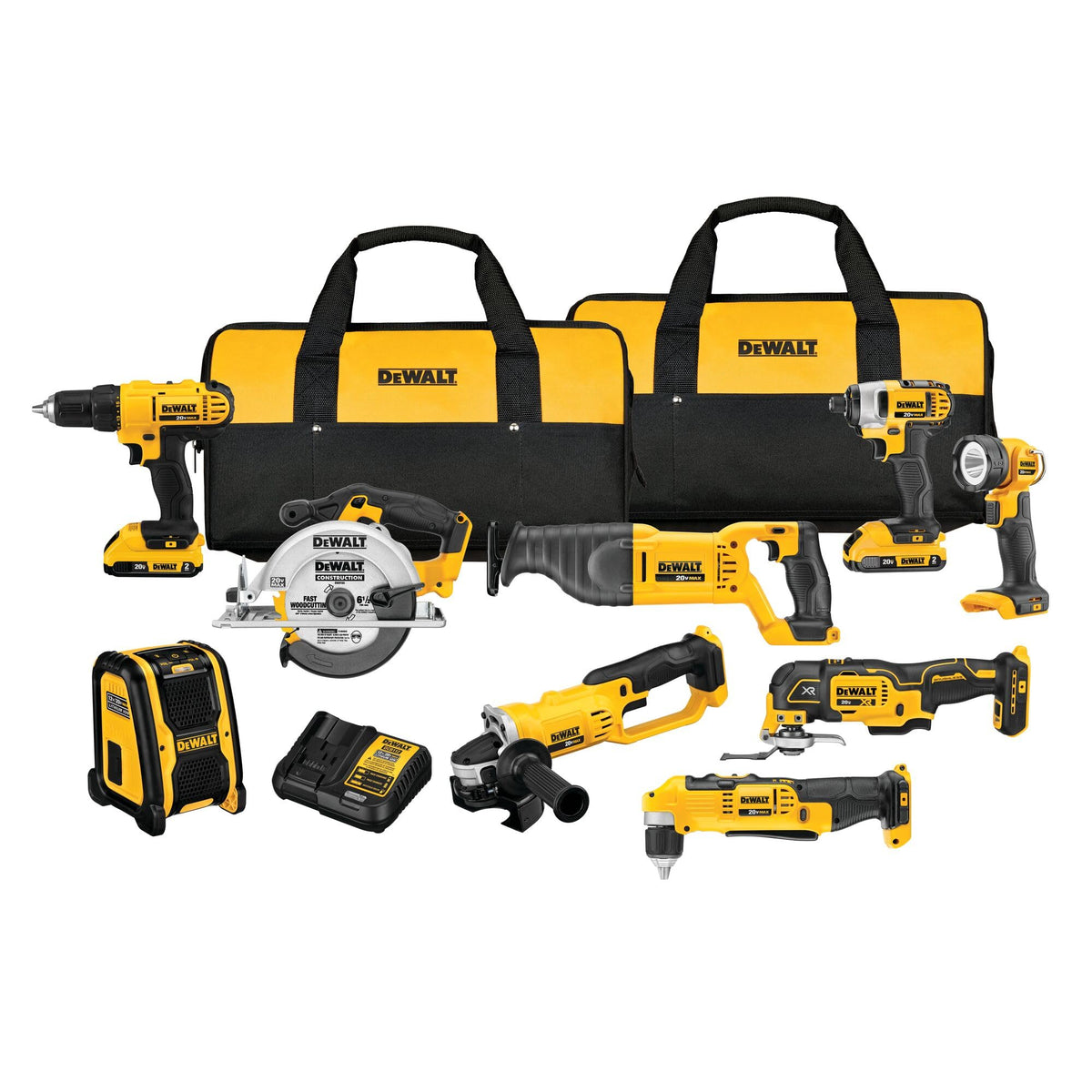 20V MAX Power Tools, 9 Cordless Tool Combo, Impact and Drill Driver, Oscillating Tool, Grinder,Circular and Reciprocating Saw,Right Angle Drill,Speaker,LED Light, 2 Batteries,Charger (DCK940D2)