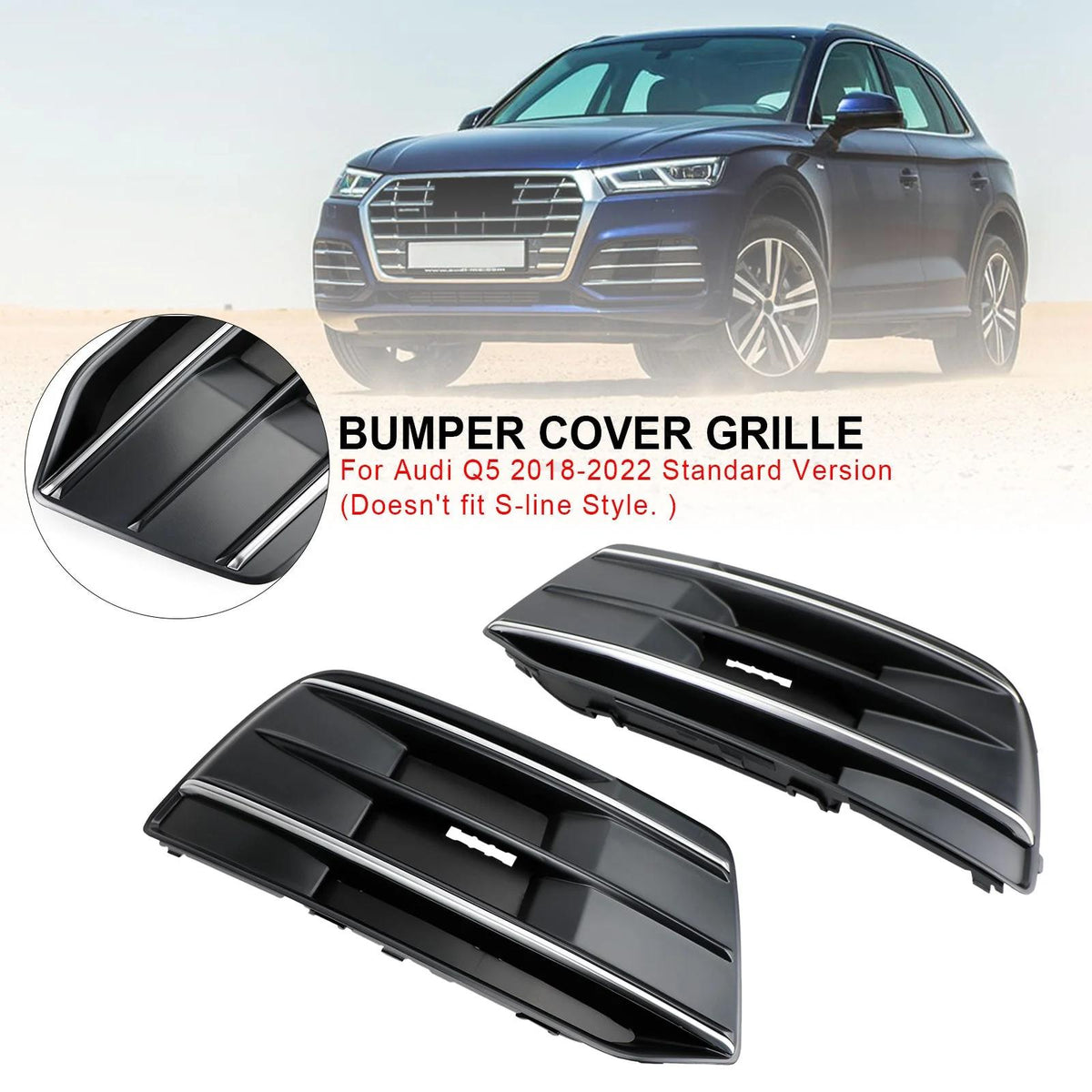 2018-2023 Audi Q5 Standard Version 2PCS Black/Chrome Front Bumper Cover Grille Bezel Insert Generic