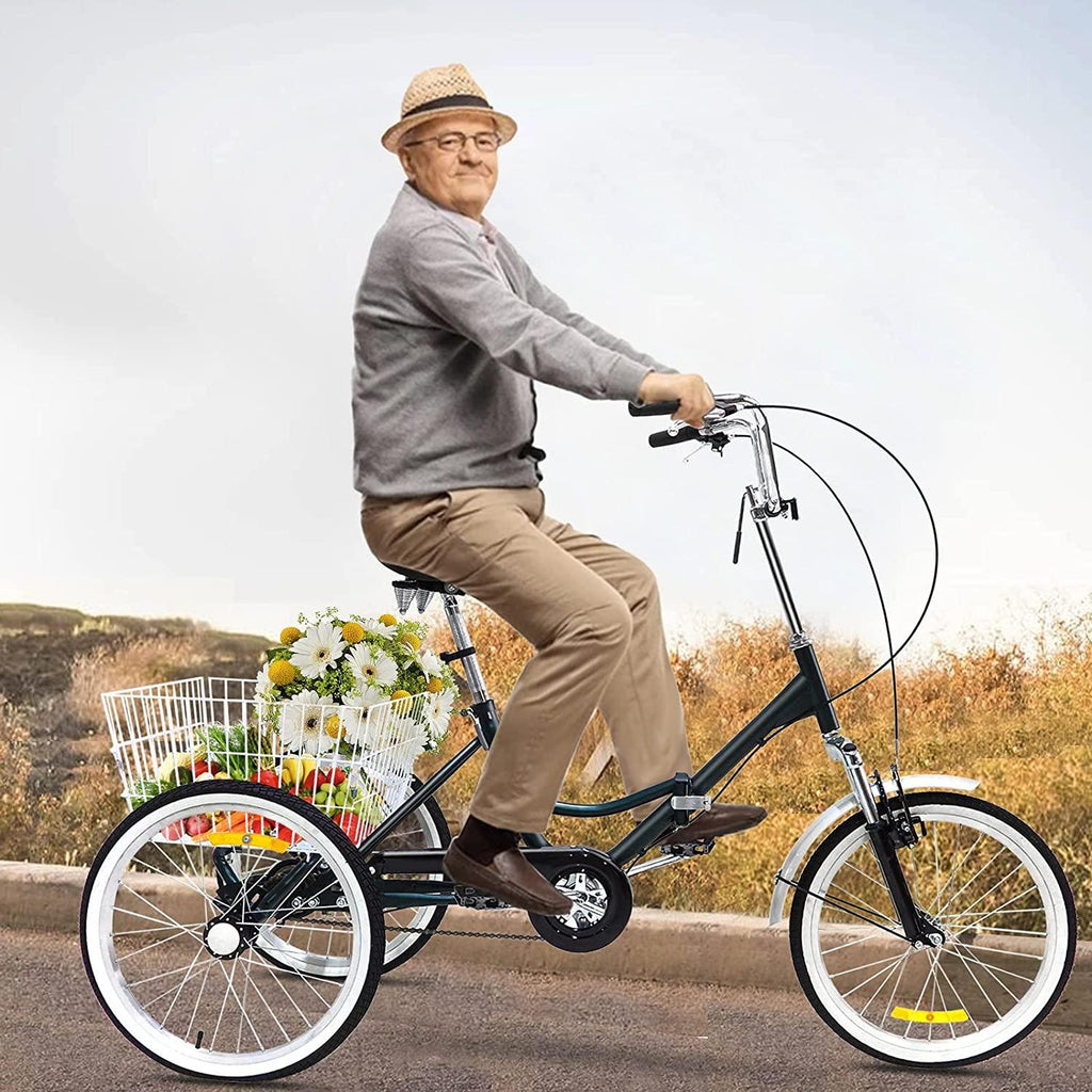Folding Adult Tricycle 20 inch Three Wheel Tricycle for Adults Single Speed Womens Beach Cruiser Bike with LarBasket Adult Trikes for Seniors,Men,Women, Adjustable Height Seat for Recreation