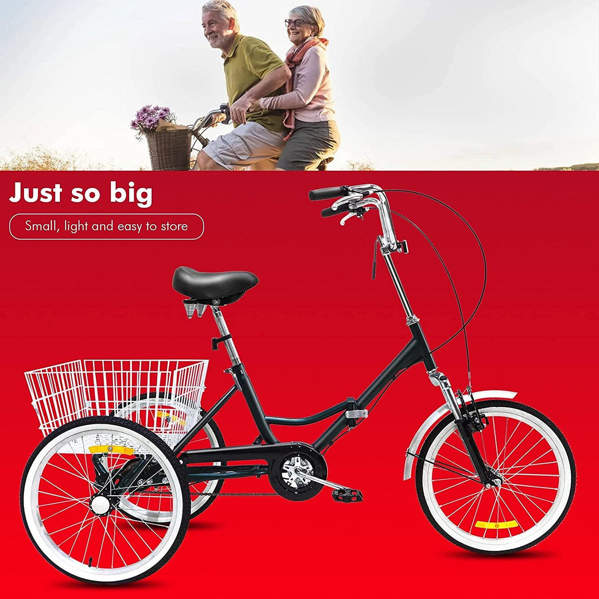Folding Adult Tricycle 20 inch Three Wheel Tricycle for Adults Single Speed Womens Beach Cruiser Bike with LarBasket Adult Trikes for Seniors,Men,Women, Adjustable Height Seat for Recreation