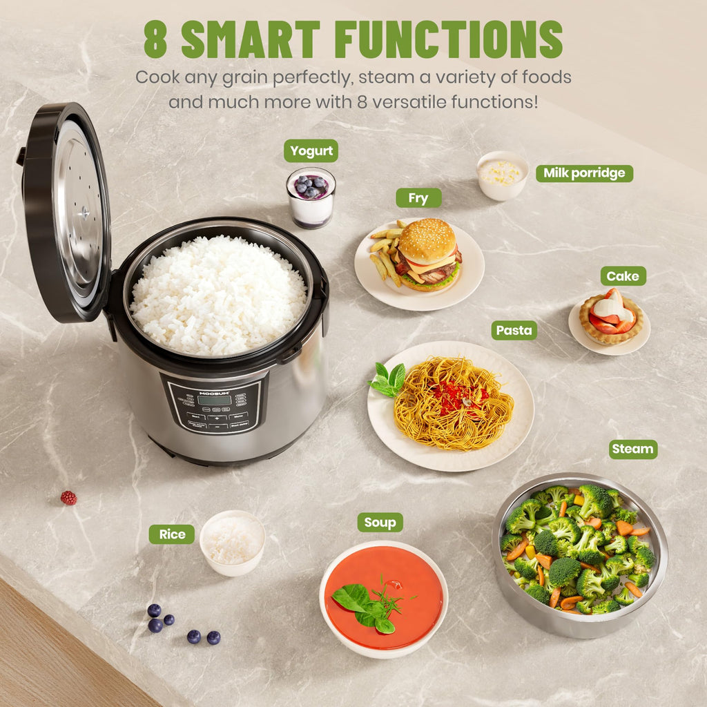 20 Cup Cooked (10 cup uncooked) Rice Cooker with 8 Functions, Healthy Coo Steel Pot & Steamer, Removable Inner Cover,  Steel Silver