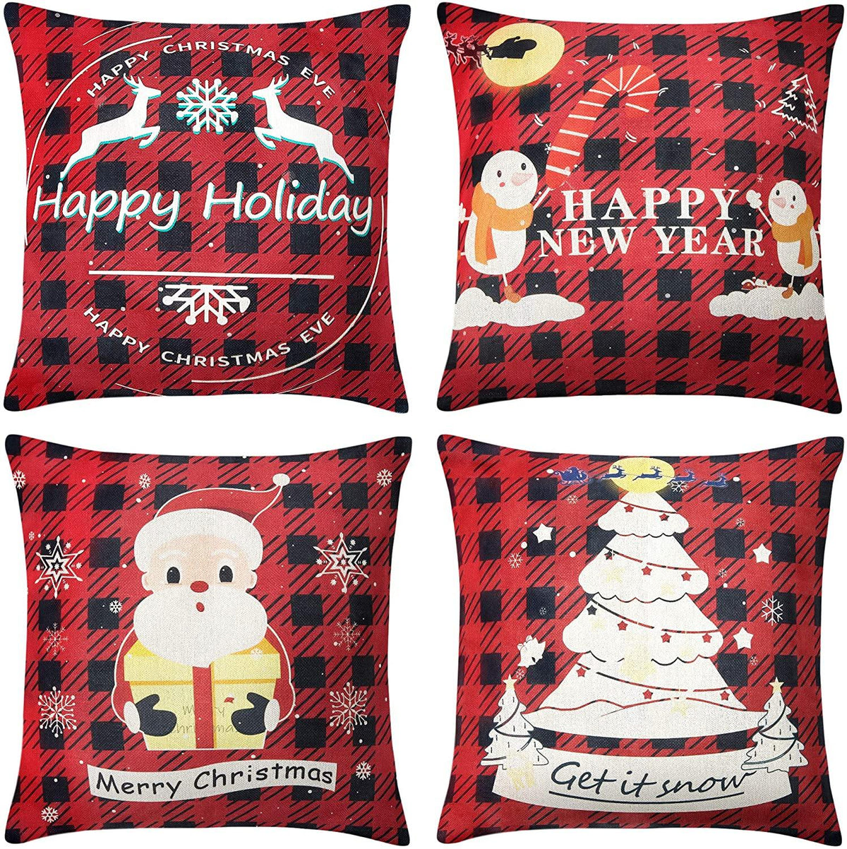 Christmas Holiday Pillowcase Set of 4 Pillowcases Winter Linen Printed Green and Red Christmas Tree Elk Hugging Pillowcase 18x18 inches, Christmas Home and car Decoration