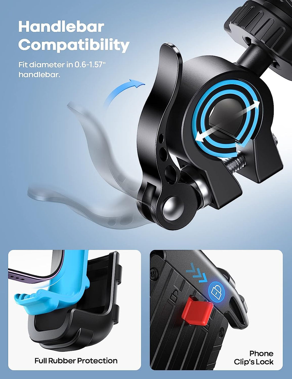 Lamicall Bike Phone Holder, Motorcycle Phone Mount - Motorcycle Handlebar Cell Phone Clamp, Scooter Phone Clip for iPhone 14 Plus/Pro Max, 13 Pro Max, S9, S10 and More 4.7" - 6.8" Smartphones, Blue