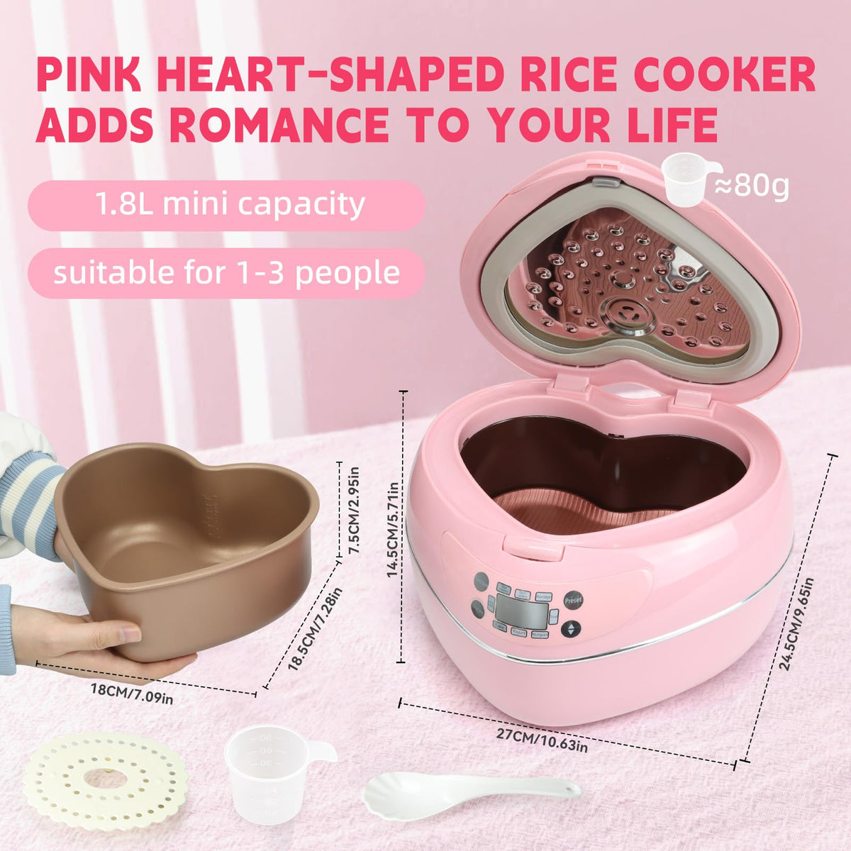 Peach Heart Shape Rice Cooker 8 Cup Cooked, 4 Cup Uncooked Rice, Multifunctional Pink Rice Cooker, 300w, with Preset Timer, 1.8L