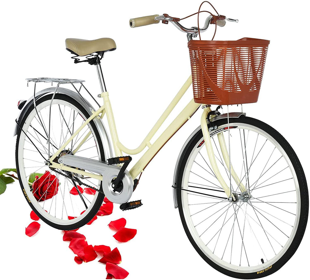 Womens Bike Complete Cruiser Bikes for Women Single Speed Classic Retro Bicycle with Basket, Front and Rear Fenders, Rear Rack, 26 Inch Comfortable Commuter Bicycle