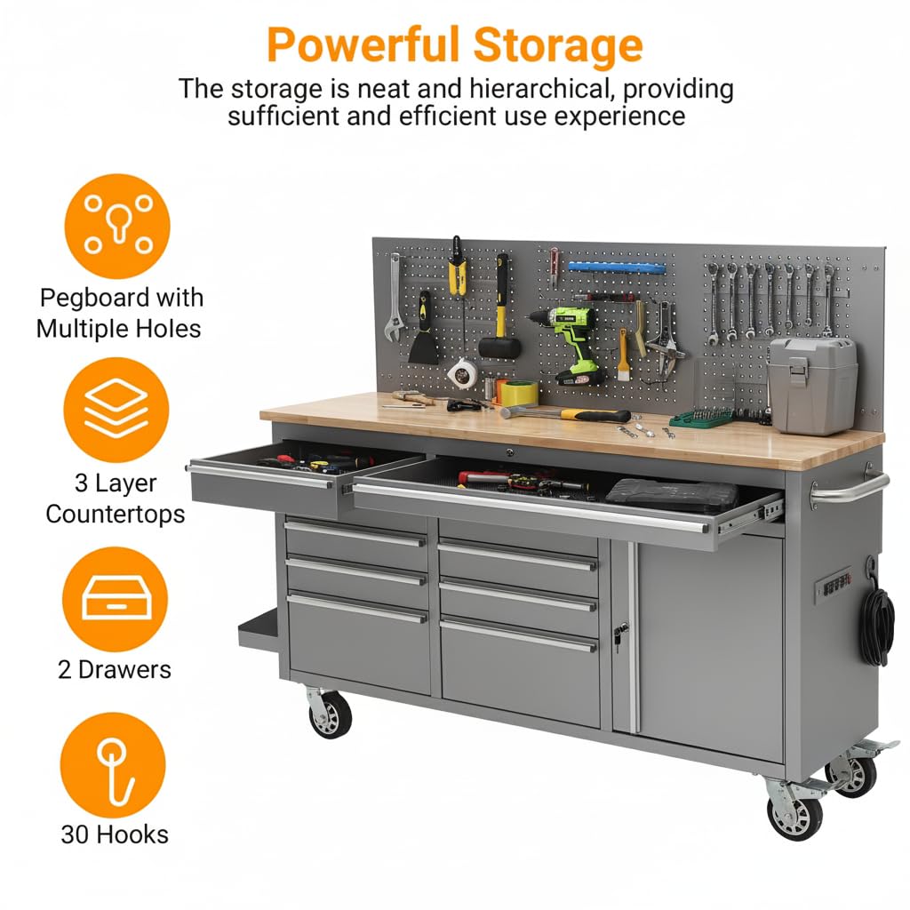 61-inch Rolling Tool Chest, 10 Drawers GaraWorkbench StoraTool Cabinet with Power Strip, Solid Rubber Top, 1675 LBS Load Mobile Workstation, Heavy Duty Rolling Cabinet, Silver