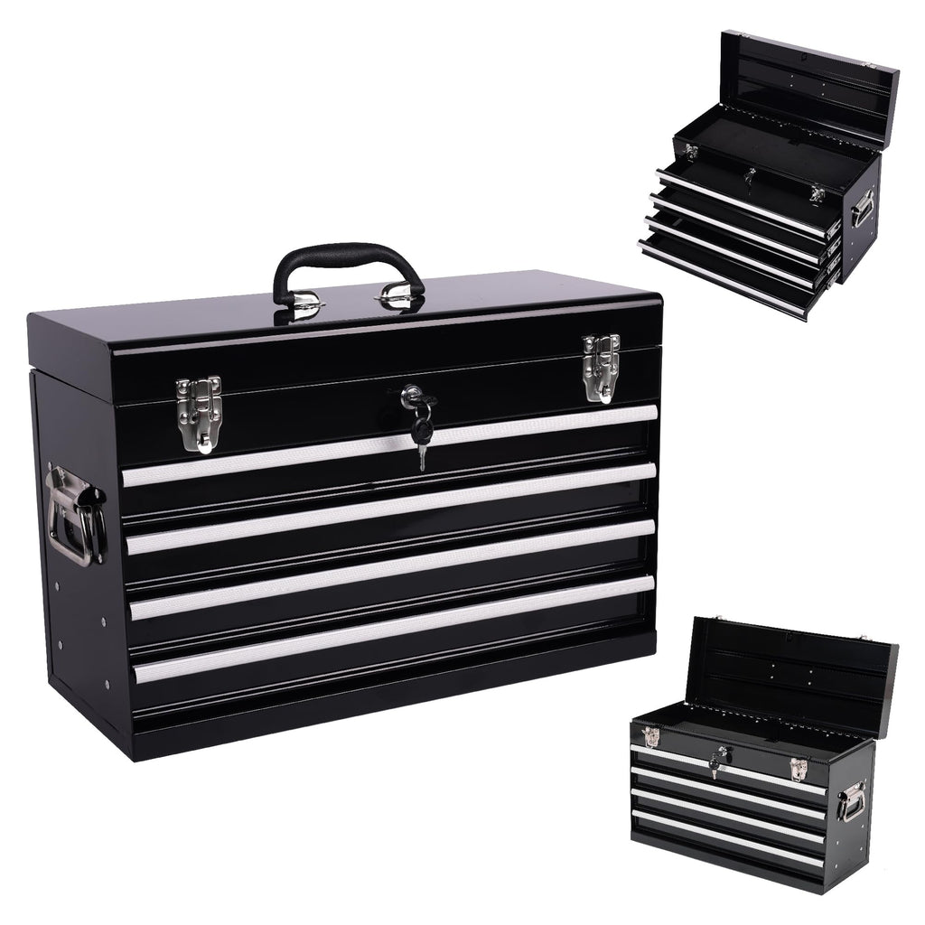 21-Inch Heavy Duty Metal Tool Box,4-Drawer Portable Steel Tool Chest with EVA Liners,Ball Bearing Slides,Lock & Lid, Powder Coated,200LBS,Garage/Workshop/Home/Auto Mechanics Stora(4, Black)