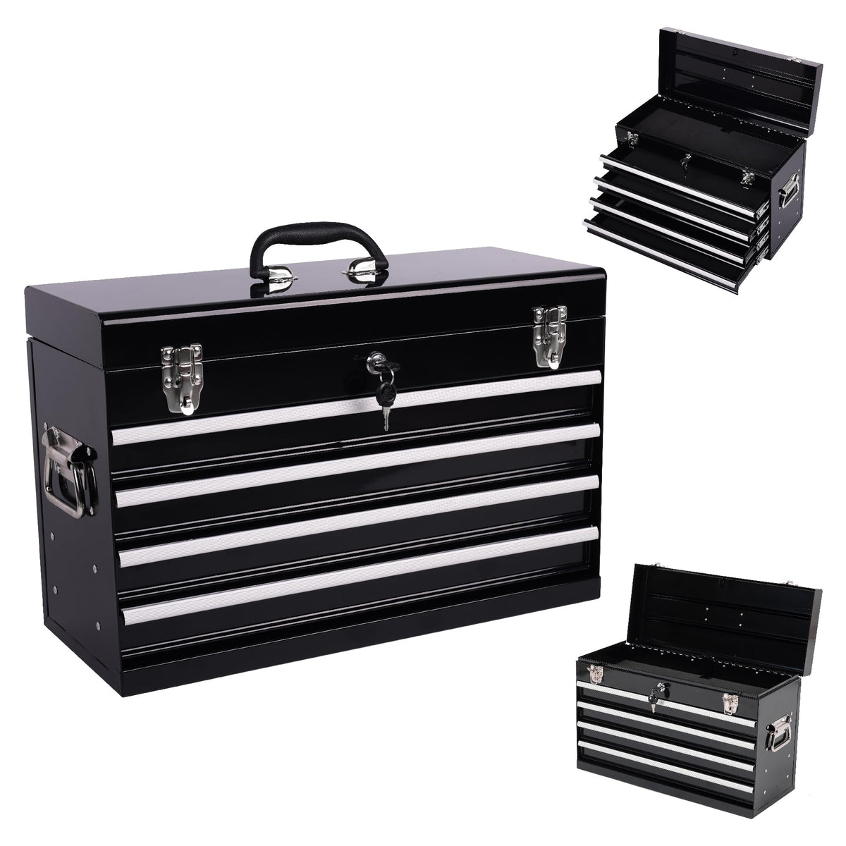 21-Inch Heavy Duty Metal Tool Box,4-Drawer Portable Steel Tool Chest with EVA Liners,Ball Bearing Slides,Lock & Lid, Powder Coated,200LBS,Garage/Workshop/Home/Auto Mechanics Stora(4, Black)