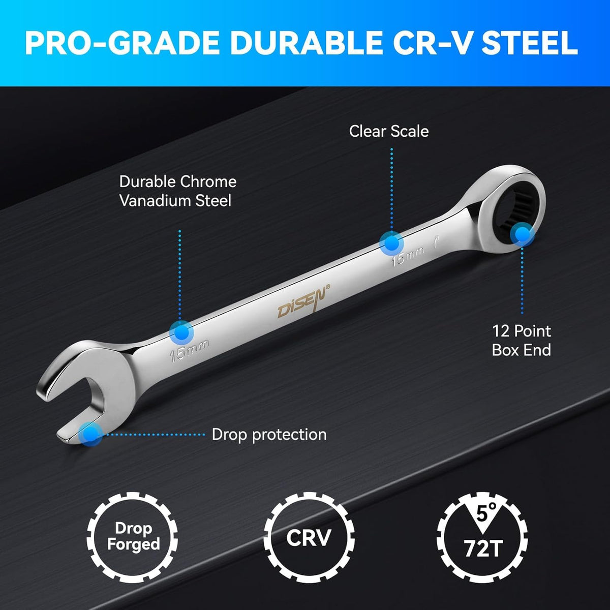 10Pcs Ratcheting Wrench Set SAE & Metric Ratchet Wrench Set with Rack Organizer, Premium CR-v Steel, 12 Point, 72 Teeth,Box End and Open End Ratcheting Wrench Set,Metric 10-15mm&SAE 3/8''-5/8''