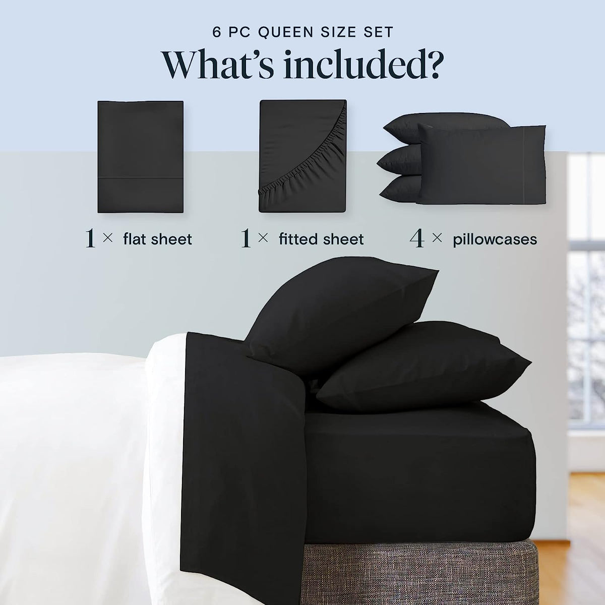 LuxClub 6 PC Queen Sheet Set Bamboo Sheets Deep Pockets 18" Eco Friendly Wrinkle Free Cooling Sheets Machine Washable Hotel Bedding Silky Soft - Black Queen