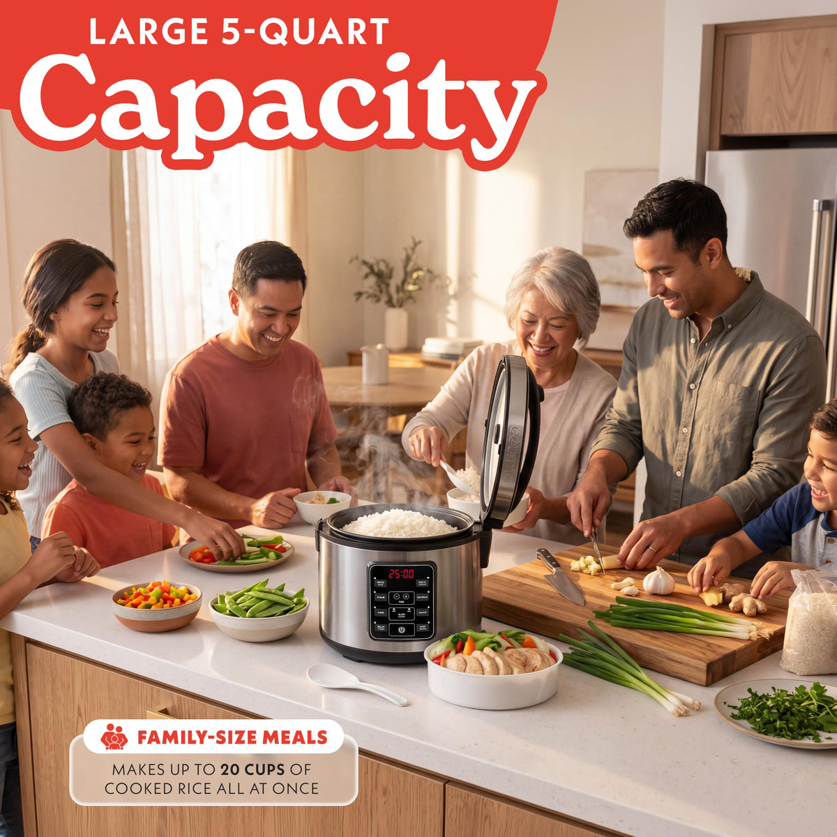 Rice Cooker – 5 Qt Capacity, 20 Cup Cooked, 10 Cup Uncooked, Digital Controls, 6 CooPresets, Grain Cooker & Steamer, Nonstick Pot, Steam Tray, Delay Timer, Keep Warm,  Steel