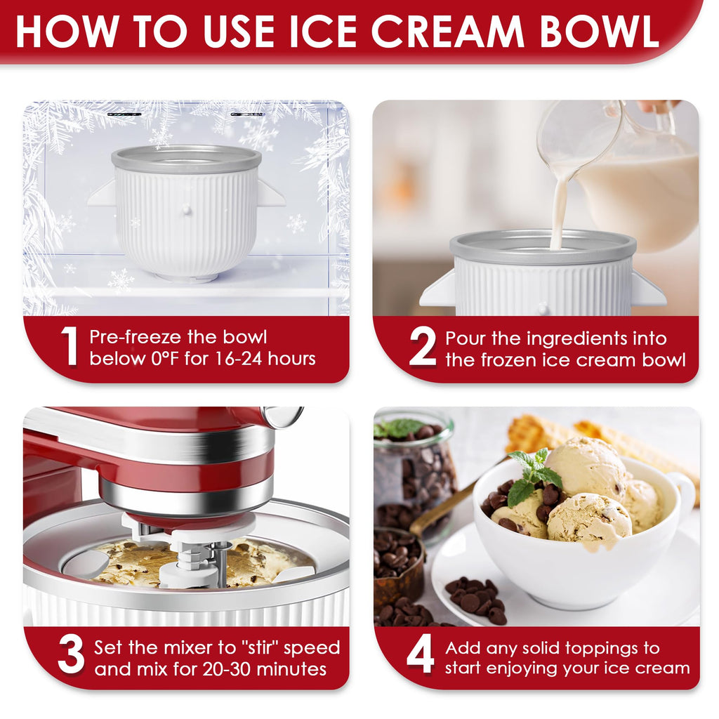 Ice Cream Maker Attachment for  Mixers, Fits  4.5/5QT & 6QT Stand Mixers, Frozen Ice Cream & Sorbet Gelato Maker for , 2 Quart, White(Machine/Mixer Not Included)